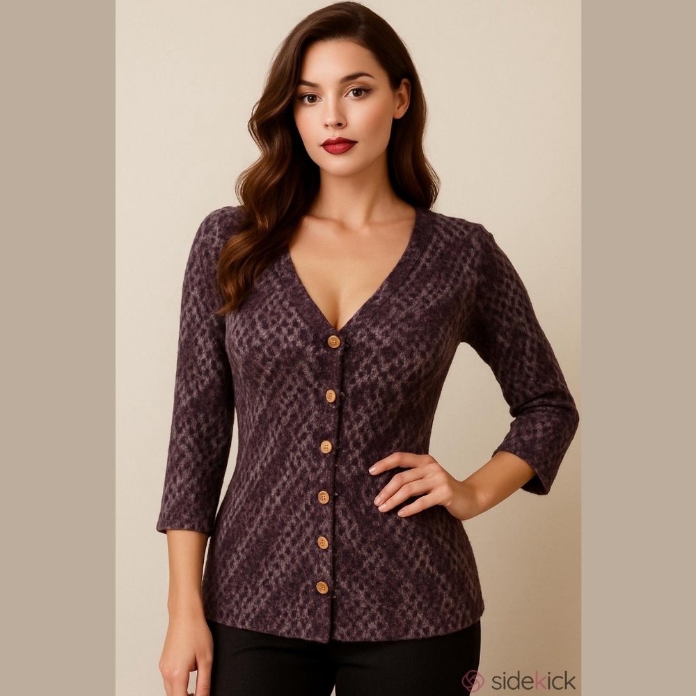 Vintage Purple Textured Cardigan Blouse 3/4 sleeves Sz Small